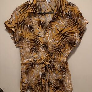 Mustard Leaf Print Button Down Shirt